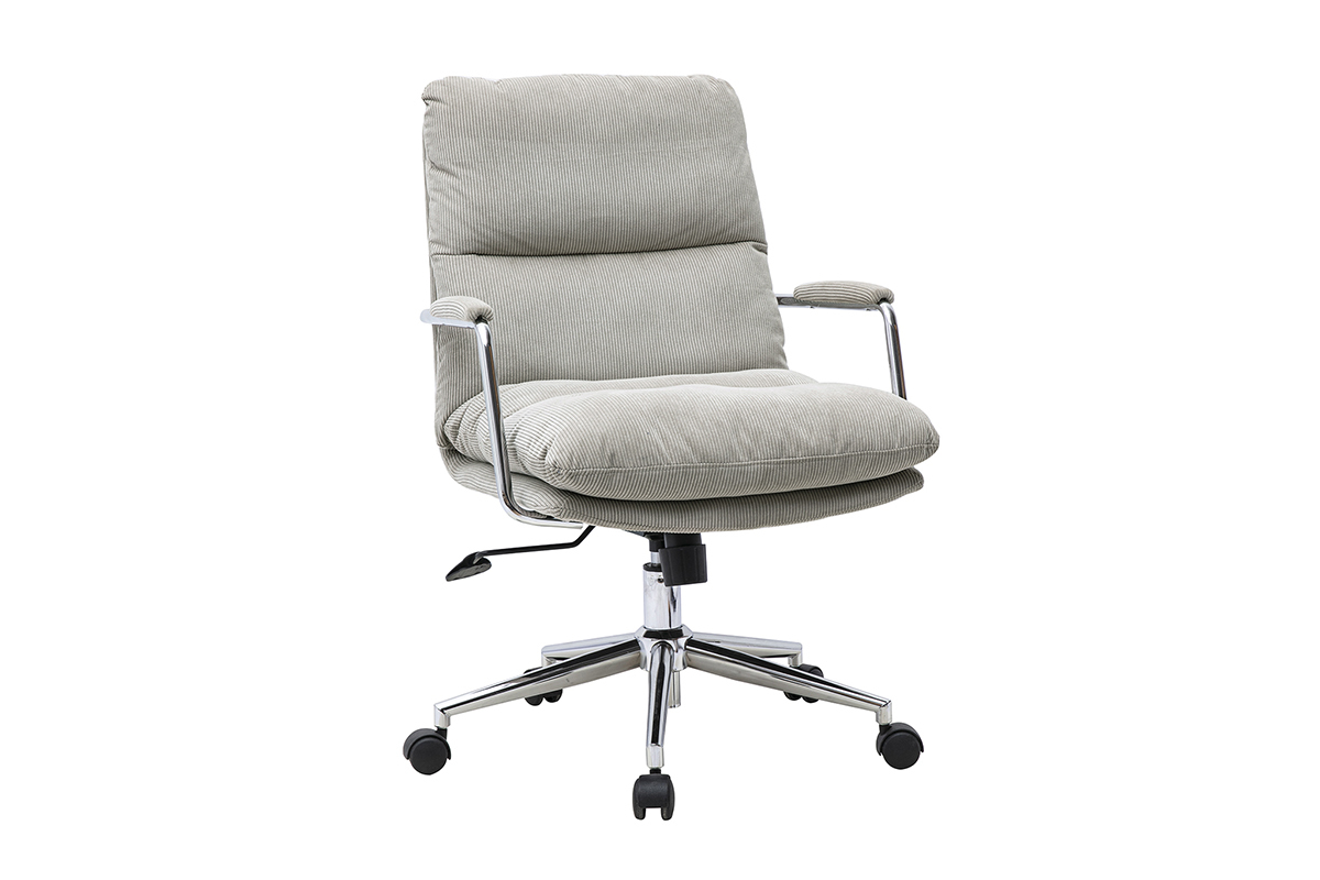 Silla de oficina con ruedas MIRABEAU en terciopelo acanalado topo, vista de 3/4, base de metal cromado.