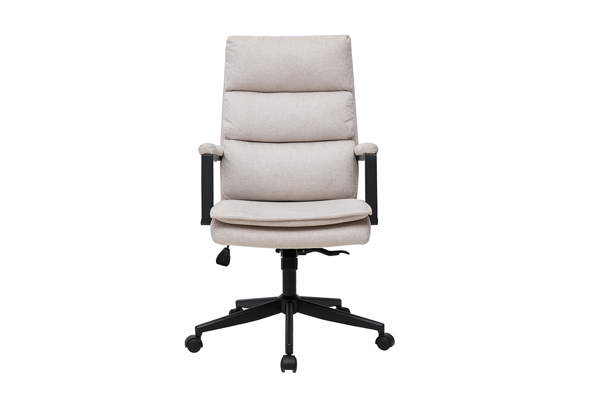 Silla de oficina con ruedas en tela beige, vista frontal, estructura de metal negro.