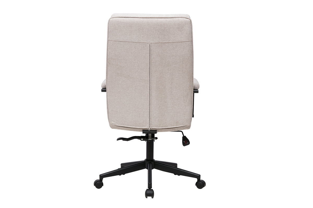 Silla de oficina con ruedas beige de tela con efecto terciopelo, vista trasera, con estructura de metal negro.
