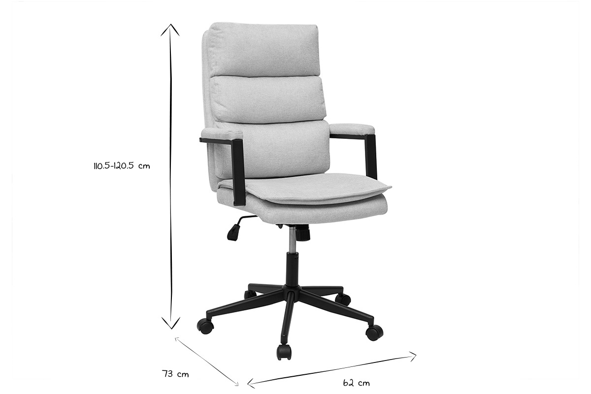 Dimensiones de la silla de oficina en blanco y negro, altura 110.5-120.5 cm, ancho 62 cm, profundidad 73 cm.