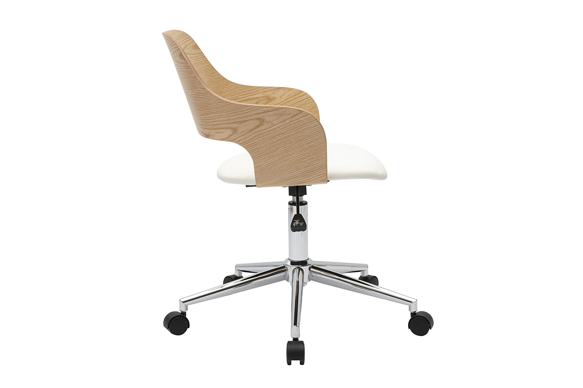 Silla de oficina con ruedas de dise�o blanco y madera de roble, vista de perfil