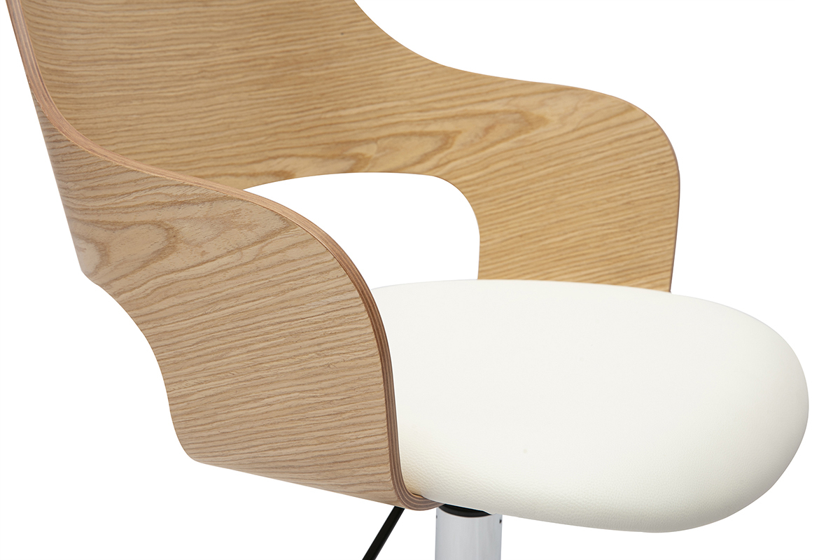 Detalle del respaldo y del asiento de la silla de oficina JANET en madera clara y poliuretano blanco.