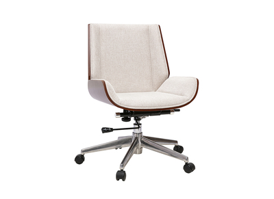 Silla de oficina con ruedas dise&ntilde;o en tela efecto terciopelo texturizado beige, madera oscura y acero cromado CURVED