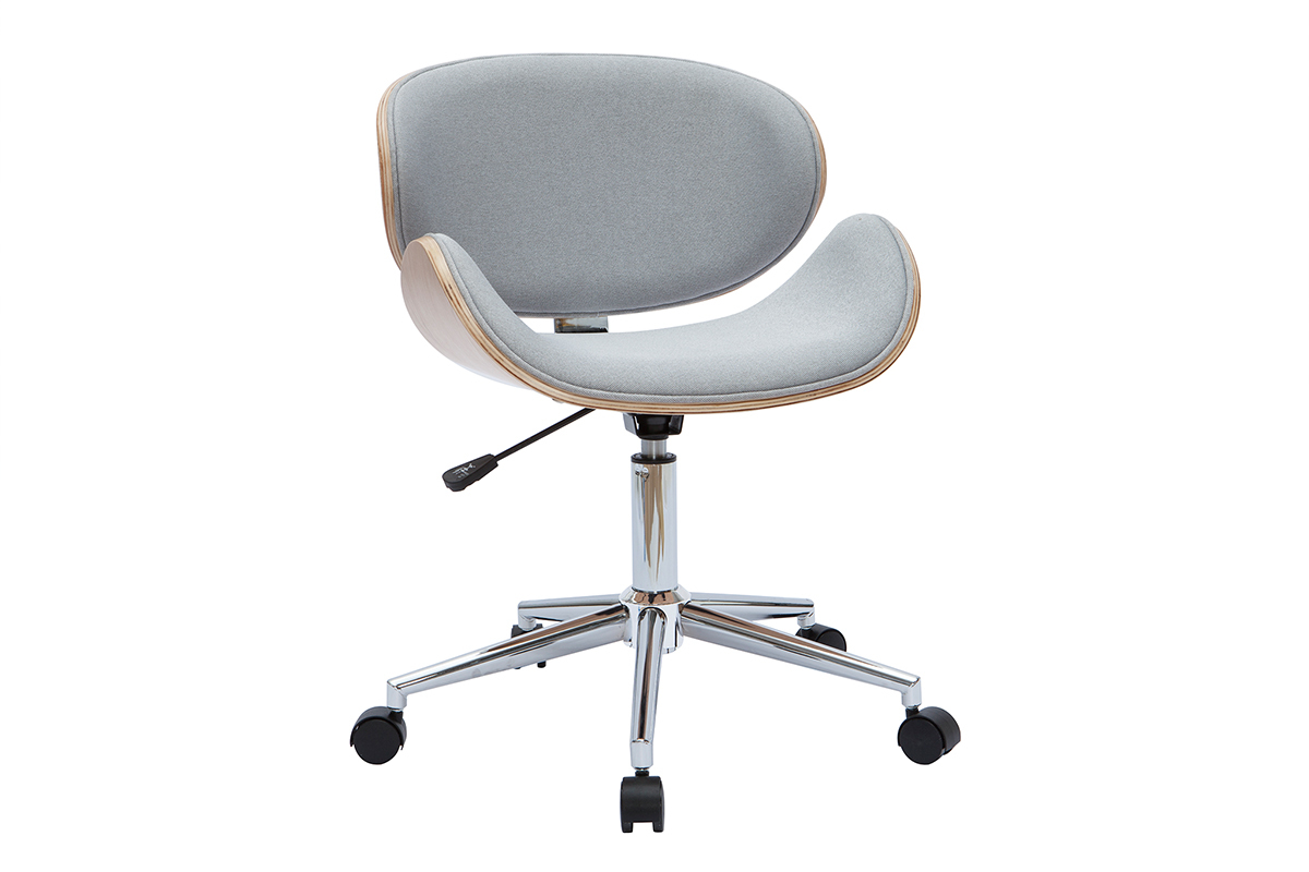 Silla de oficina con ruedas dise�o en tela gris claro, madera clara y acero cromado WALNUT