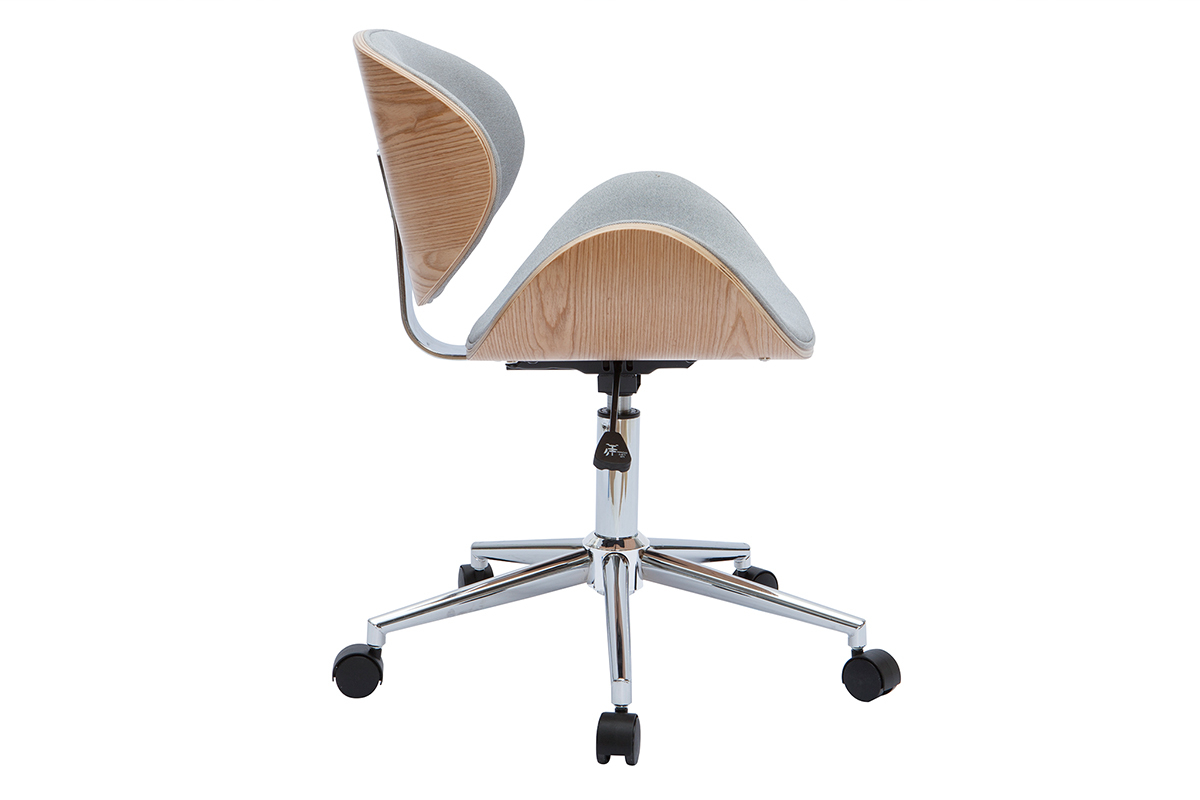 Silla de oficina con ruedas dise�o en tela gris claro, madera clara y acero cromado WALNUT