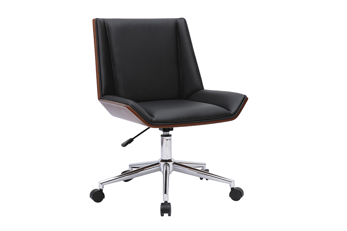 Silla de oficina negra con ruedas, vista de 3/4, madera oscura, acero cromado.