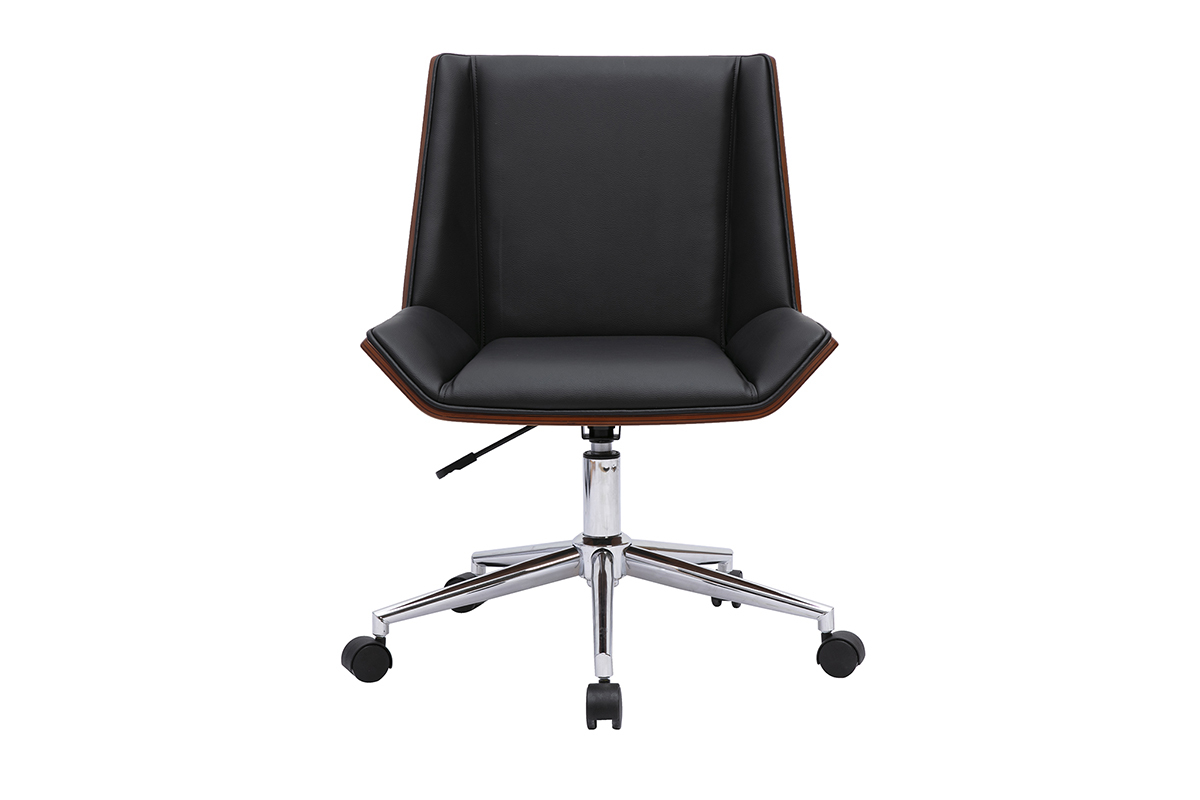 Silla de oficina negra con base cromada vista de frente.