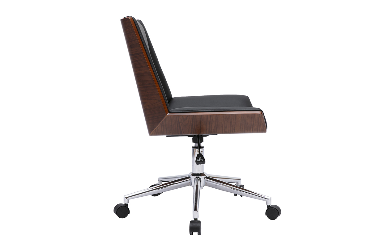 Silla de oficina negra MELKIOR, vista lateral, madera oscura y acero cromado.