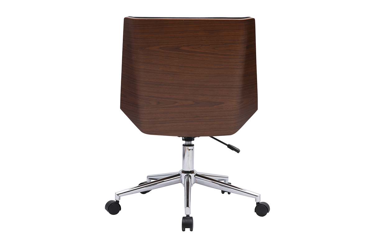 Silla de oficina MELKIOR en madera oscura y acero cromado, vista trasera.