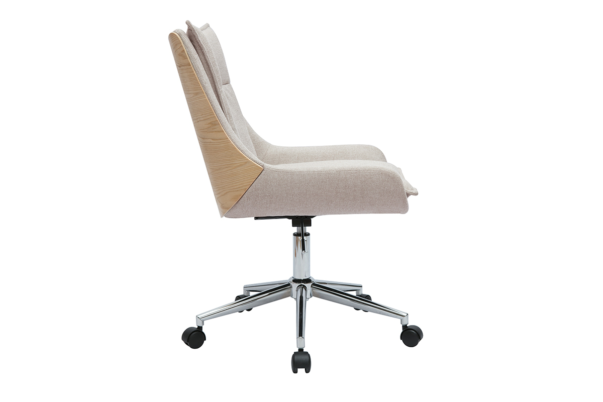 Silla de oficina con ruedas en tejido de terciopelo texturizado beige y metal cromado BLAISE