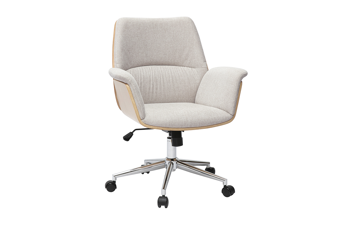 Silla de oficina beige de tela efecto terciopelo, madera clara, metal cromado, vista de 3/4.