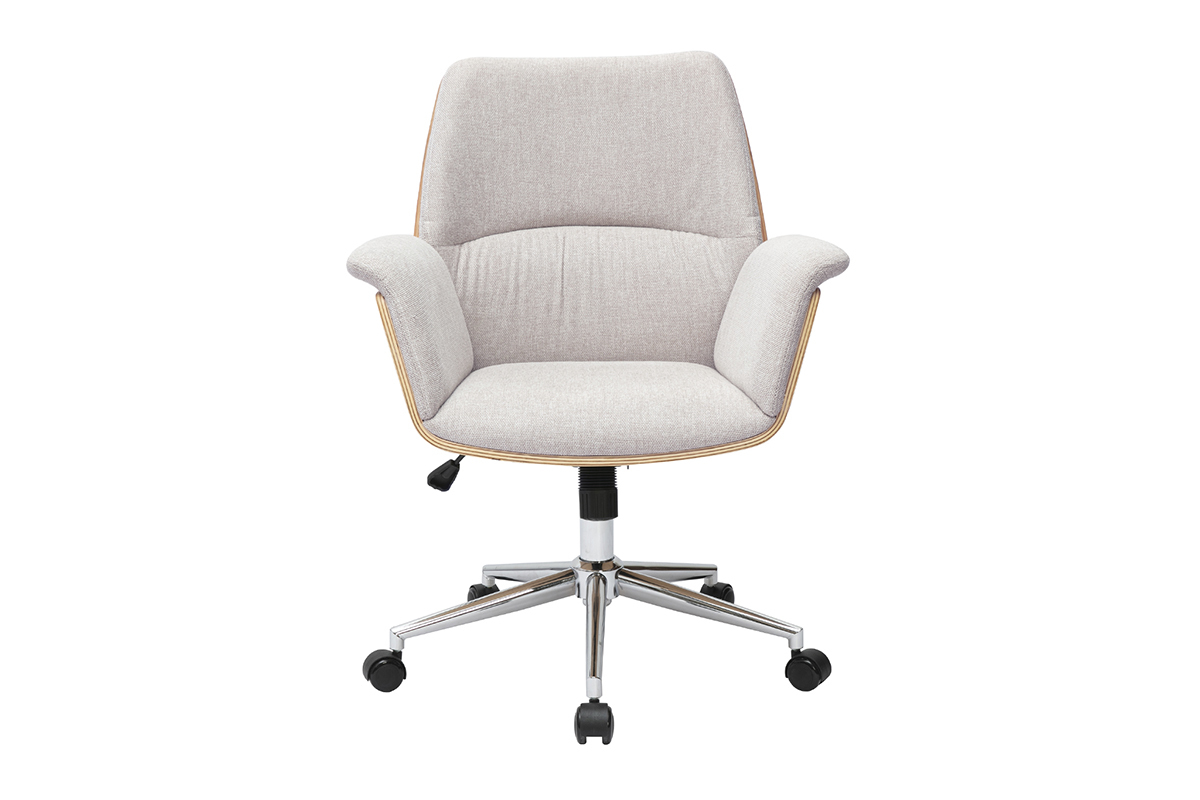 Silla de oficina de terciopelo beige, madera clara, vista frontal, base de metal cromado con ruedas.