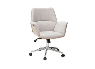 Silla de oficina con ruedas en tela efecto terciopelo texturizado beige, madera clara y metal cromado HELIOS