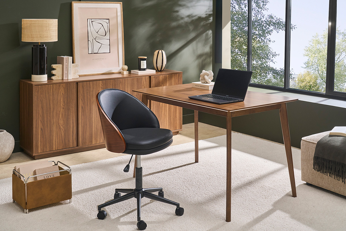 Silla de oficina con ruedas negra, madera oscura y metal TUCSON