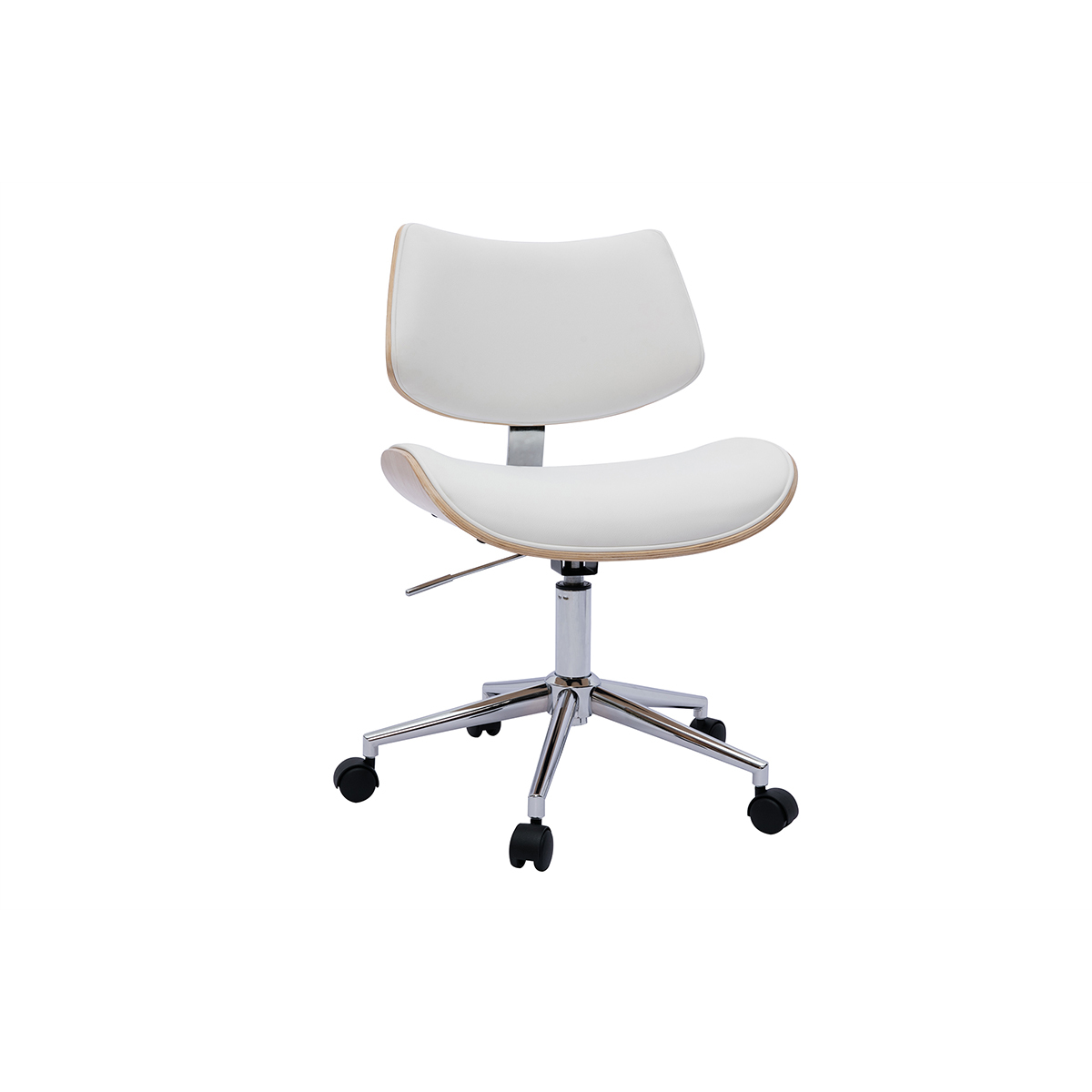 Silla de oficina de diseño con ruedas de color blanco, roble claro y metal MALMO