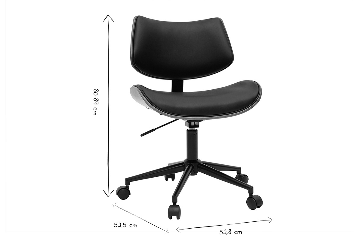 Silla de oficina de diseo negra con ruedas, madera de nogal oscuro y metal negro MALMO