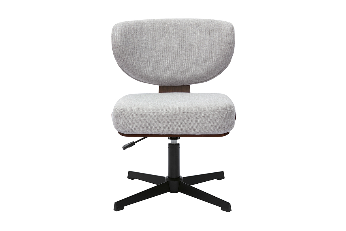 Silla de oficina gris de terciopelo, vista frontal, con base en estrella negra.