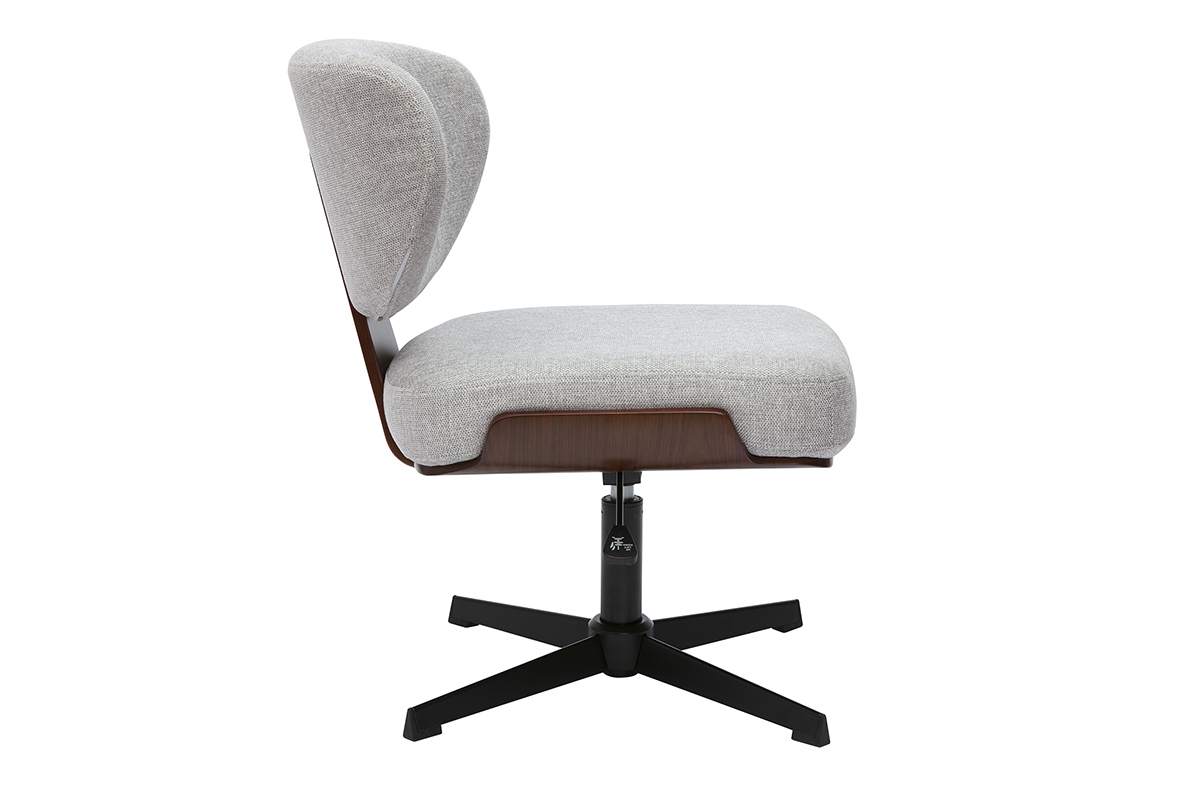 Silla de oficina HANZ en tela gris y madera de nogal, vista lateral.