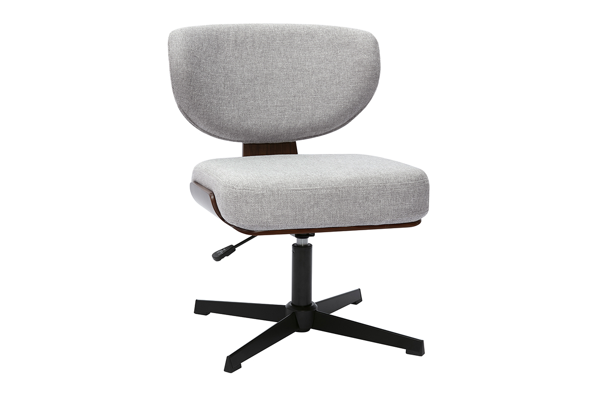 Silla de oficina gris efecto terciopelo, respaldo y asiento acolchados, base estrella negra.
