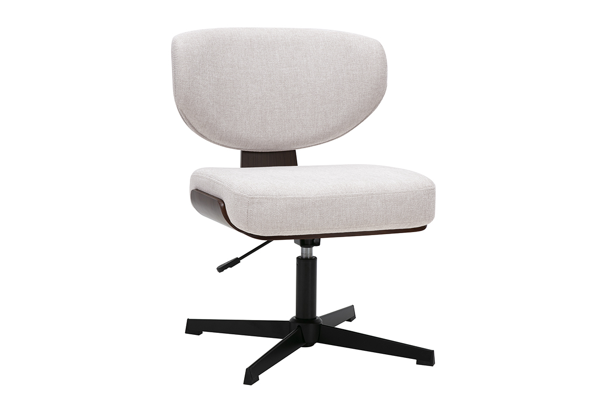 Silla de oficina beige de tela con efecto terciopelo, base de metal negro, vista de 3/4