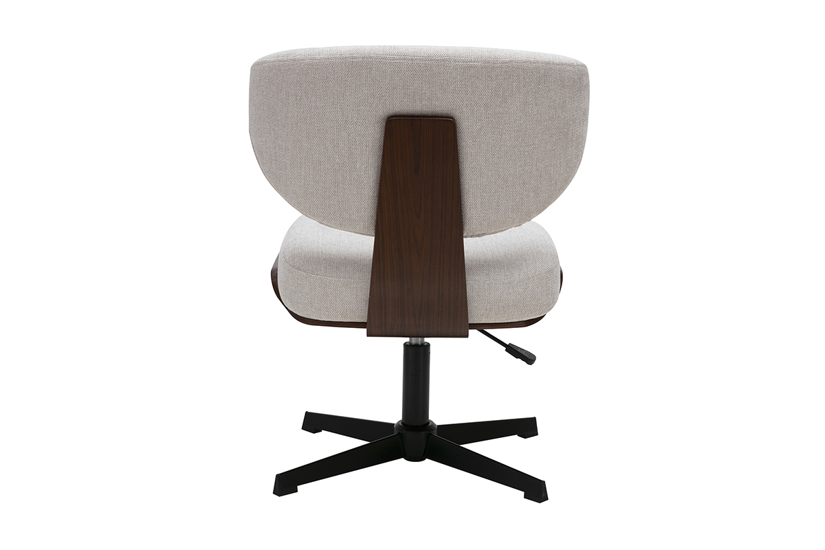 Vista trasera de la silla de oficina HANZ en tejido beige con estructura de madera de nogal y base negra
