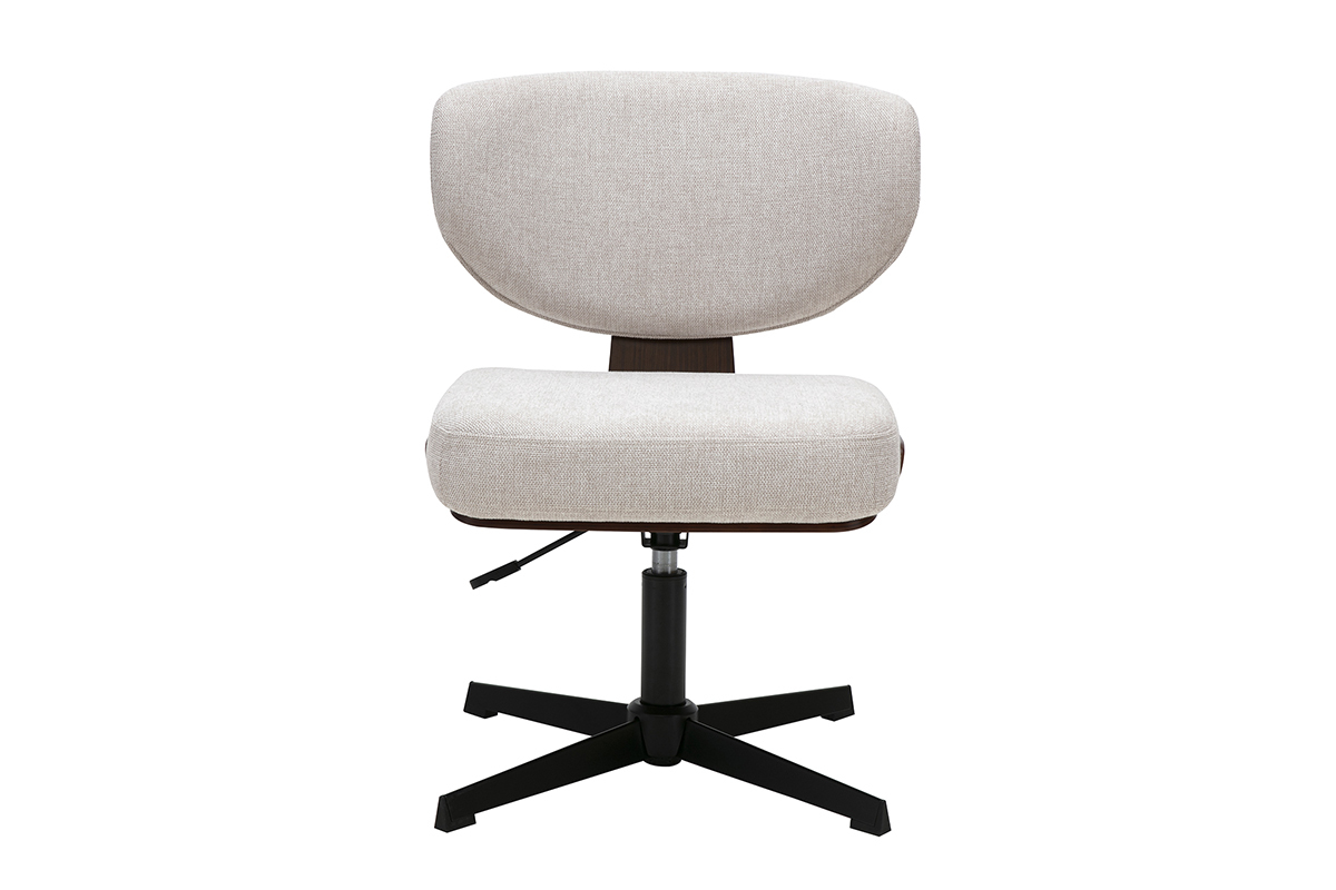 Silla de oficina beige de tela de terciopelo, vista frontal, con base de estrella de metal negro.