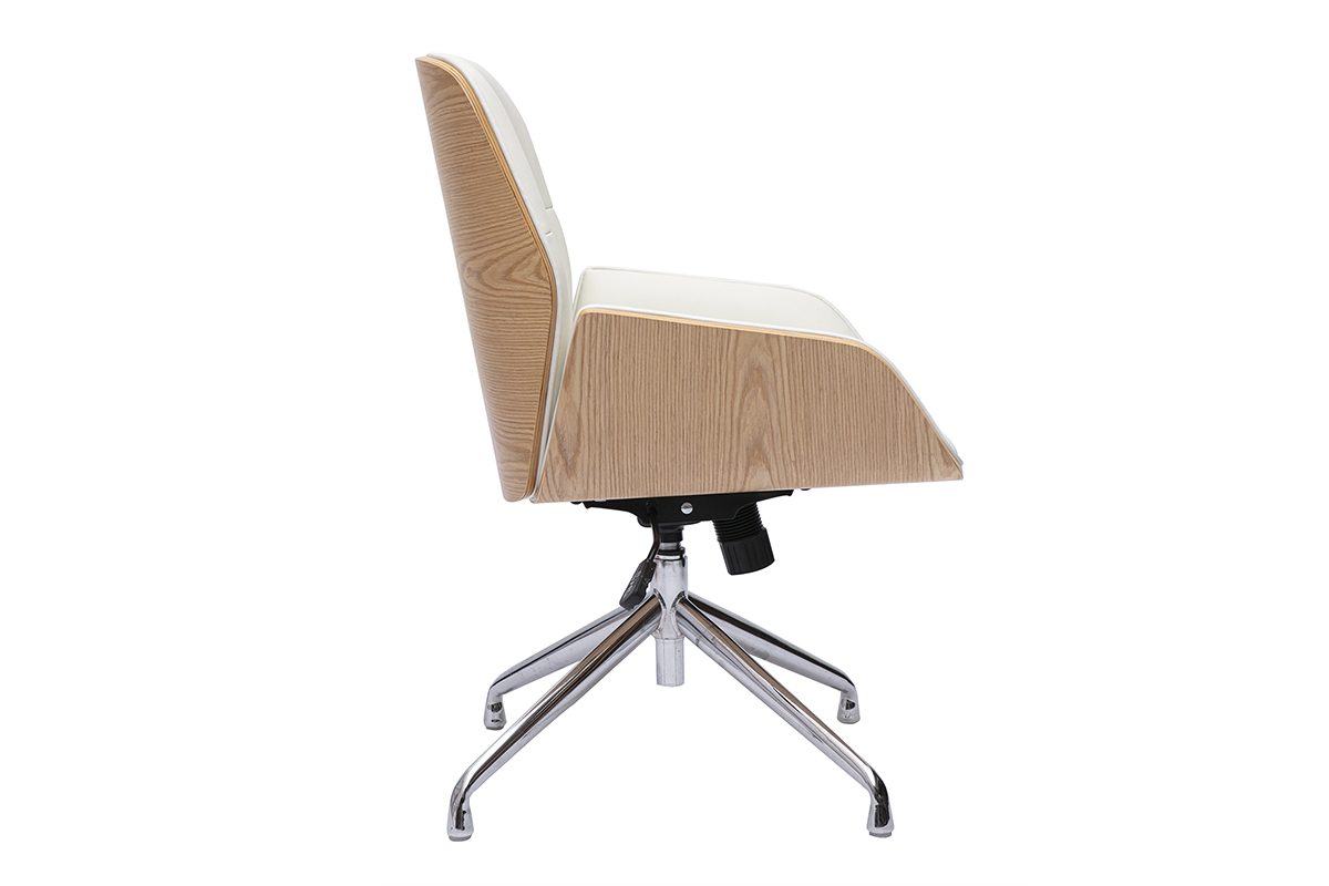 Silla de oficina giratoria MARLOW vista lateral, madera clara y cuero blanco.
