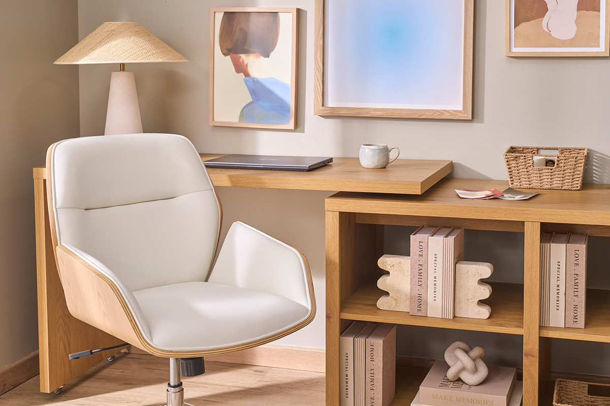 Silla de oficina dise�o giratoria 360� blanca, madera clara y metal cromado MARLOW