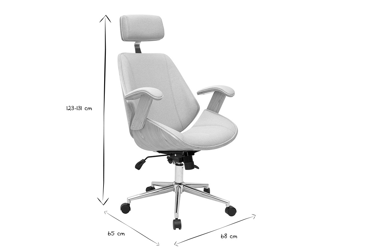 Dimensiones de la silla de oficina en negro y blanco: altura 123-131 cm, ancho 68 cm, profundidad 65 cm.