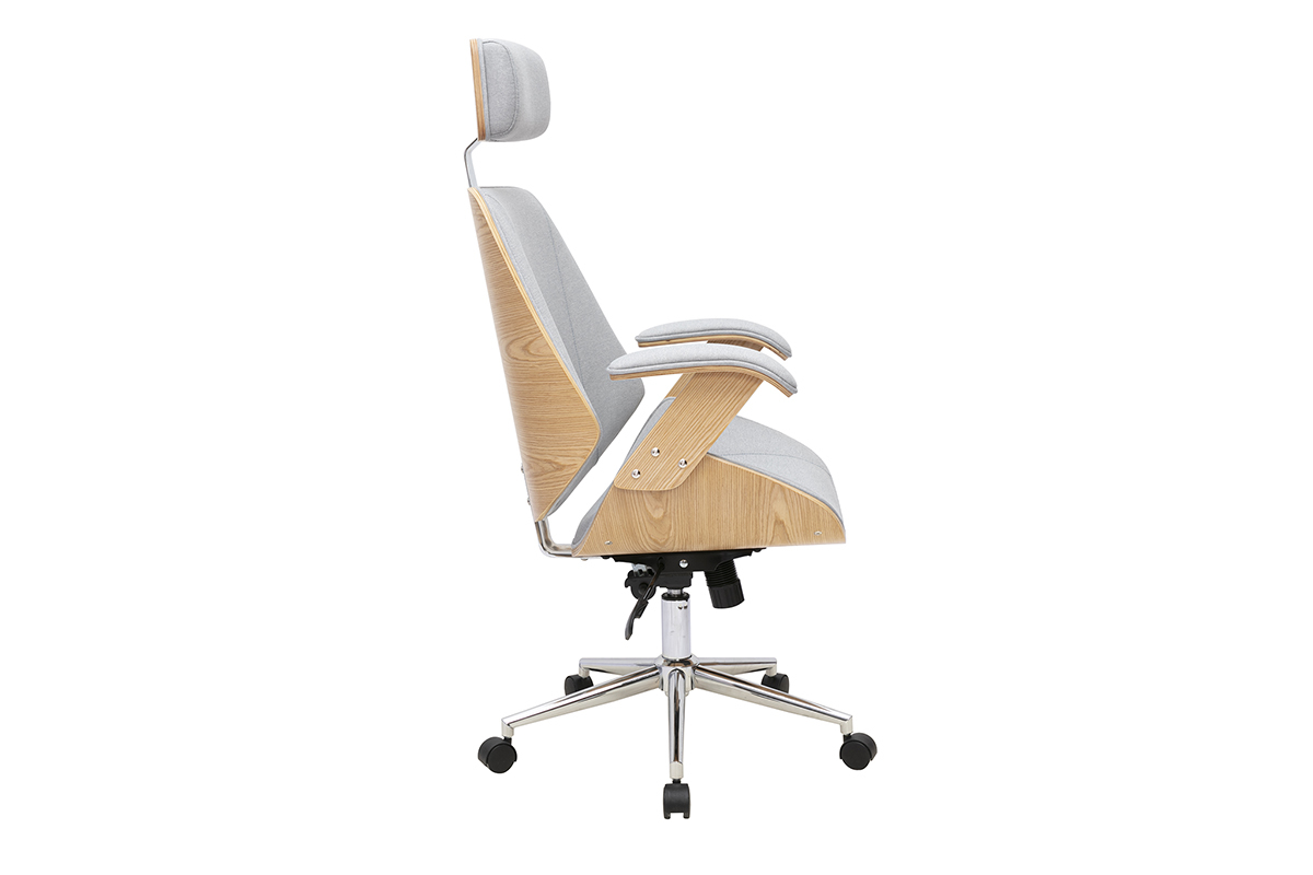 Silla de oficina de tela gris, madera clara y acero, vista lateral.