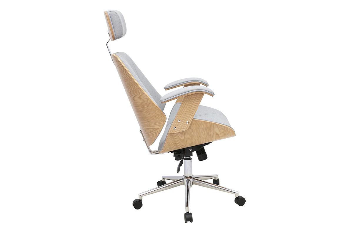 Silla de oficina de dise�o gris, vista lateral inclinada, estructura de madera clara y pie de acero.
