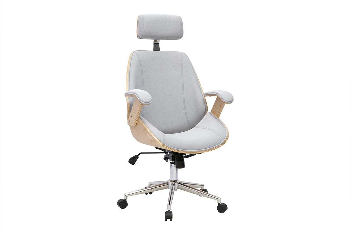 Silla de oficina de dise�o en tela gris con madera clara y acero, vista de 3/4.