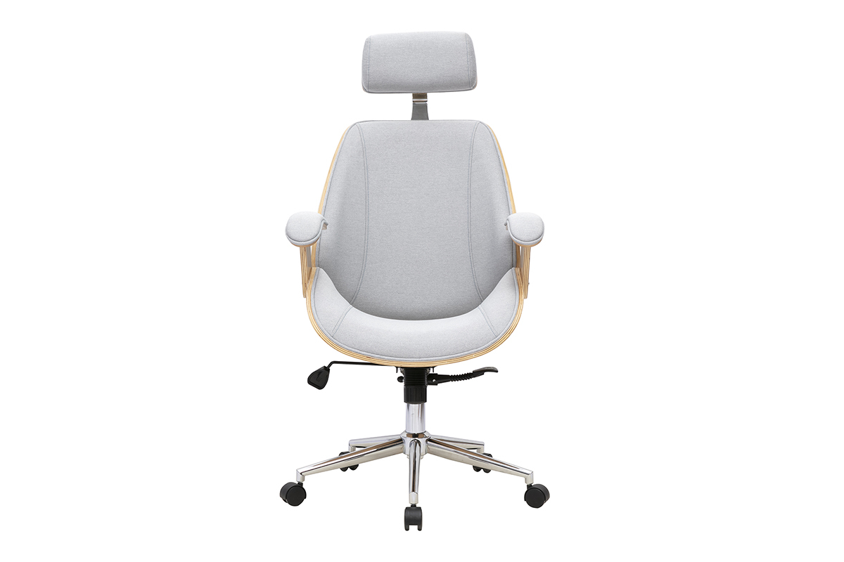 Silla de oficina gris, madera clara y acero, vista frontal.