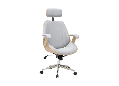 Silla de oficina ejecutiva de dise&ntilde;o en tela gris, madera clara y acero cromado MUSK