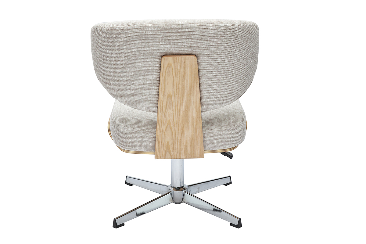 Silla de oficina beige vista desde atr�s con madera clara y base de metal.