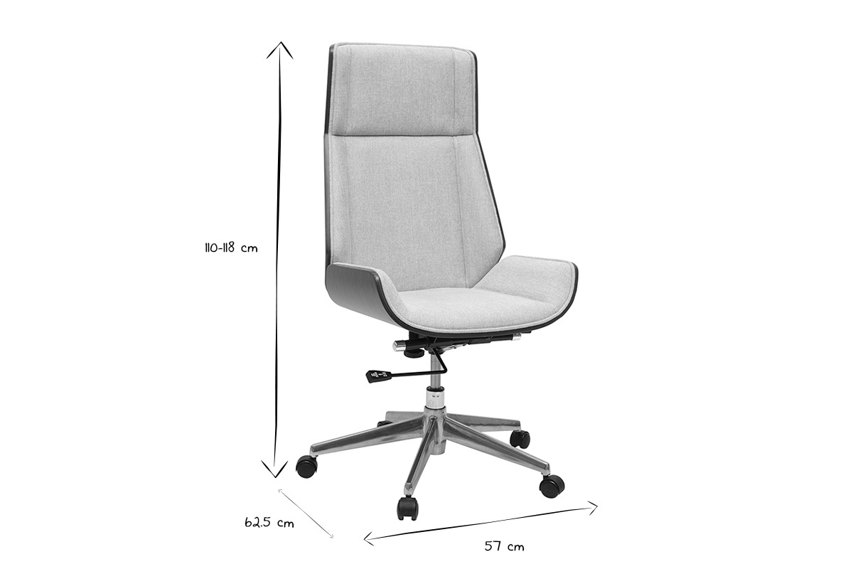 Silla de oficina con dimensiones 110-118 cm altura, 62.5 cm anchura, 57 cm profundidad en negro y blanco.