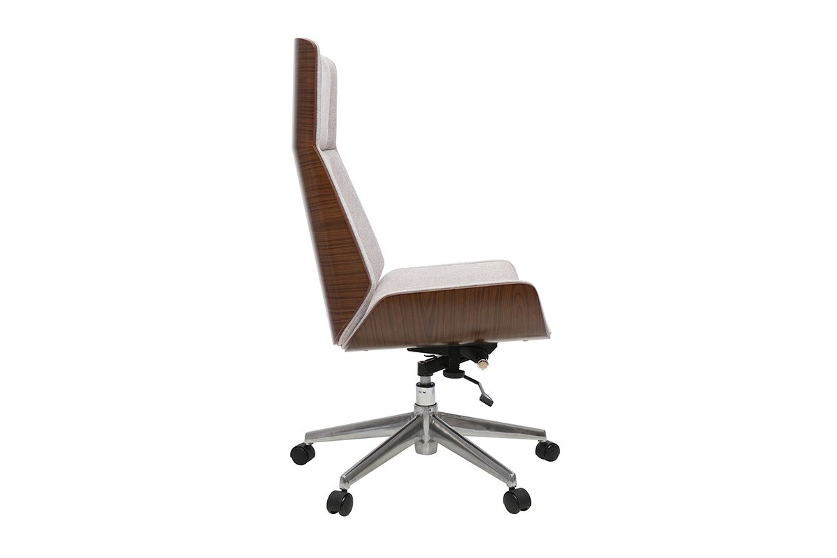 Silla de oficina CURVED de dise�o, madera oscura y tela beige, vista lateral con base en estrella.