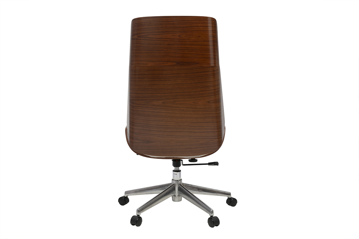 Silla de oficina CURVED, respaldo de madera oscura, base de acero con ruedas, vista trasera.