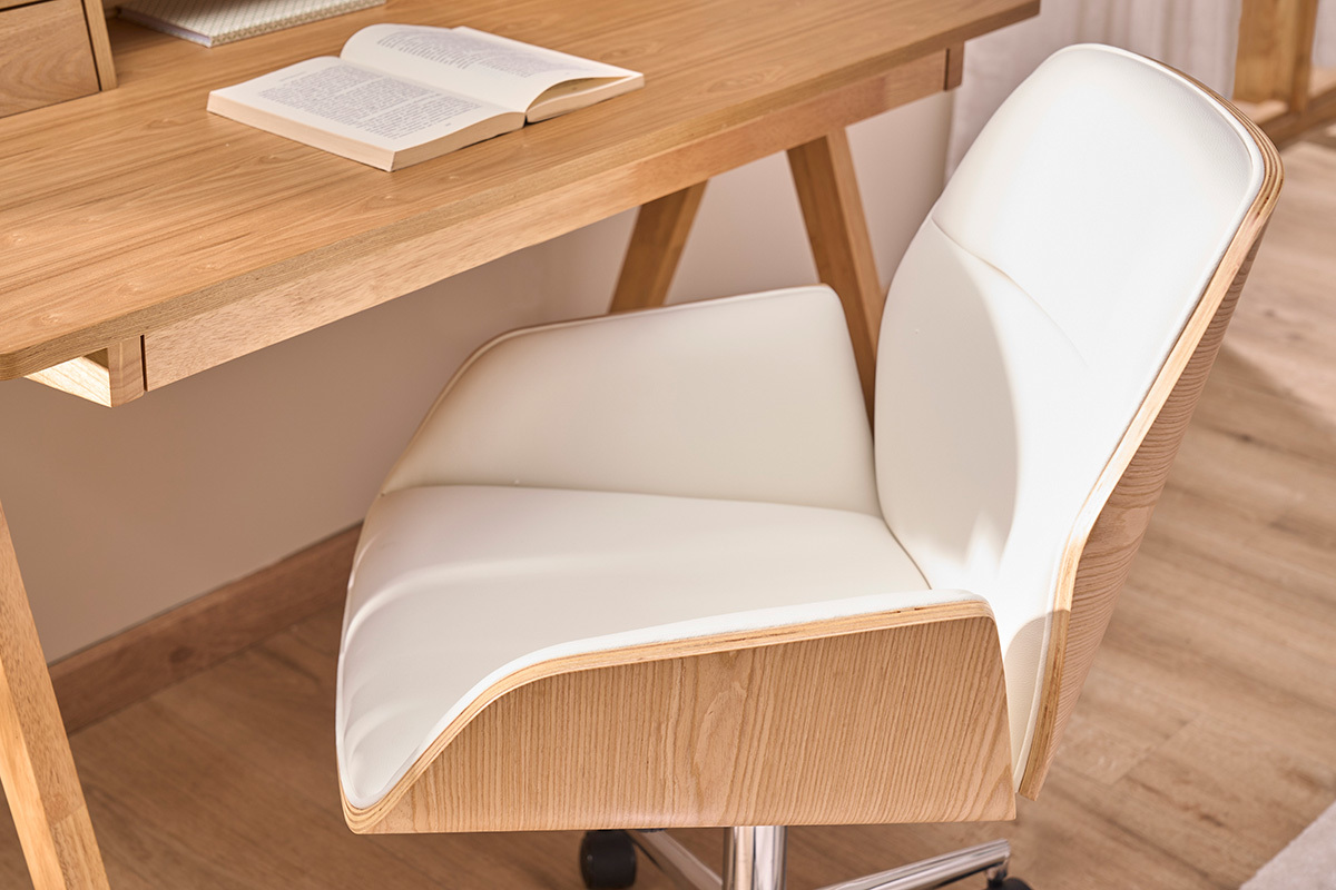 Silla de oficina giratoria blanca con madera clara MARLOW