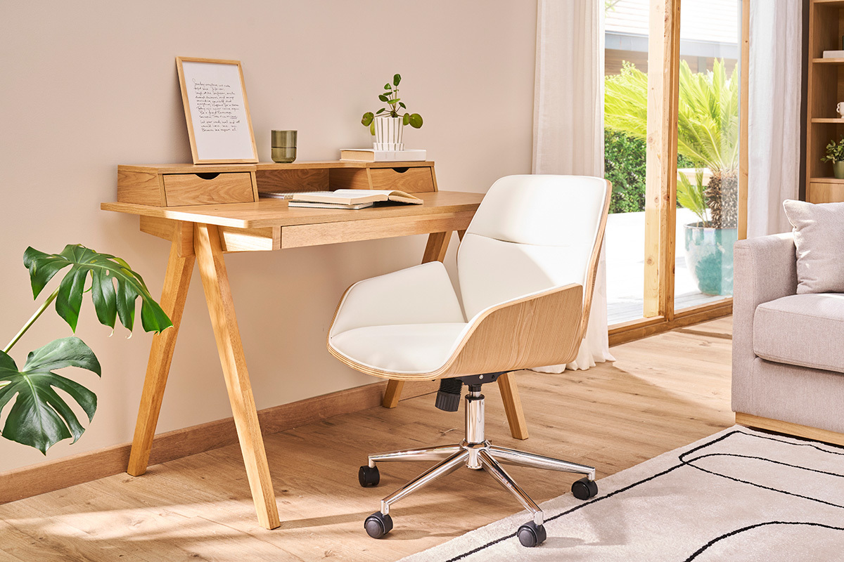 Silla de oficina giratoria blanca con madera clara MARLOW
