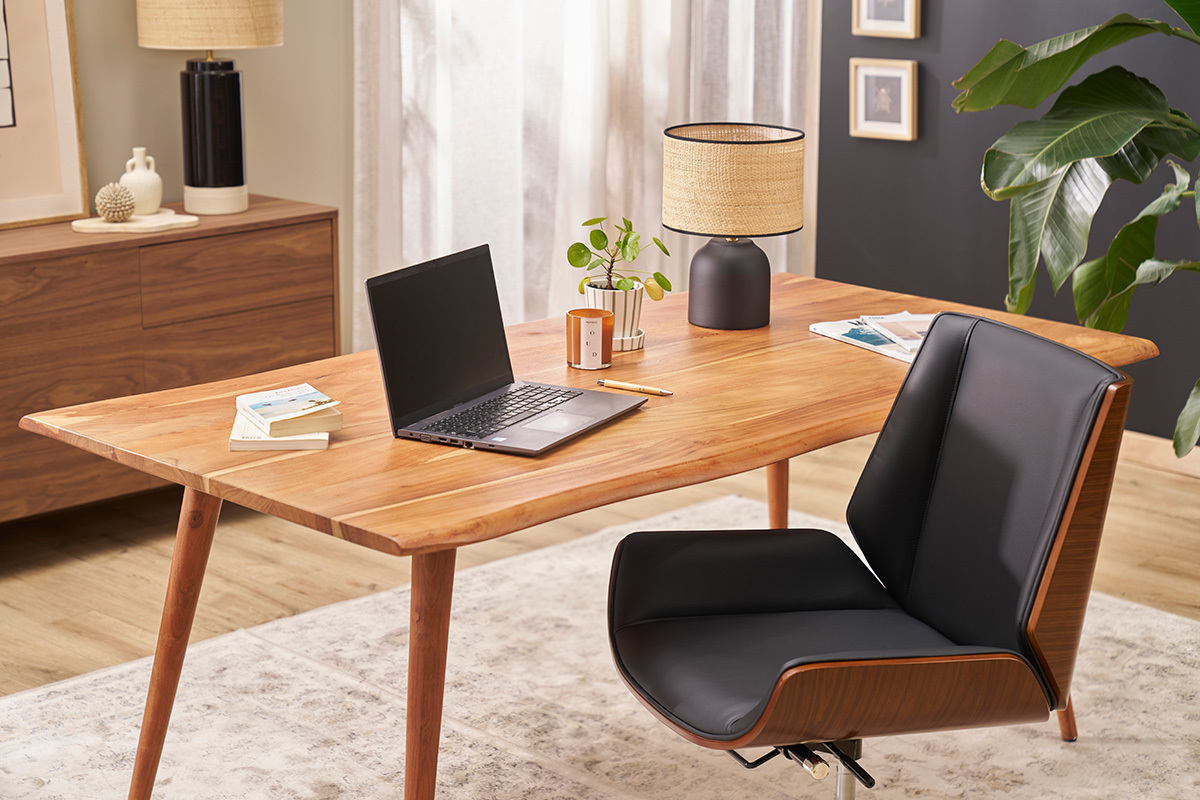 Silla de oficina giratoria de diseo 360 negra, madera oscura nogal y metal negro CURVED