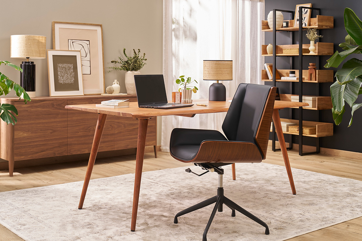 Silla de oficina giratoria de diseo 360 negra, madera oscura nogal y metal negro CURVED