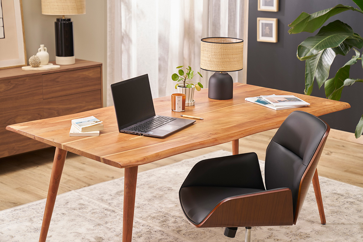 Silla de oficina giratoria de diseo 360 negro, madera oscura y metal negro MARLOW