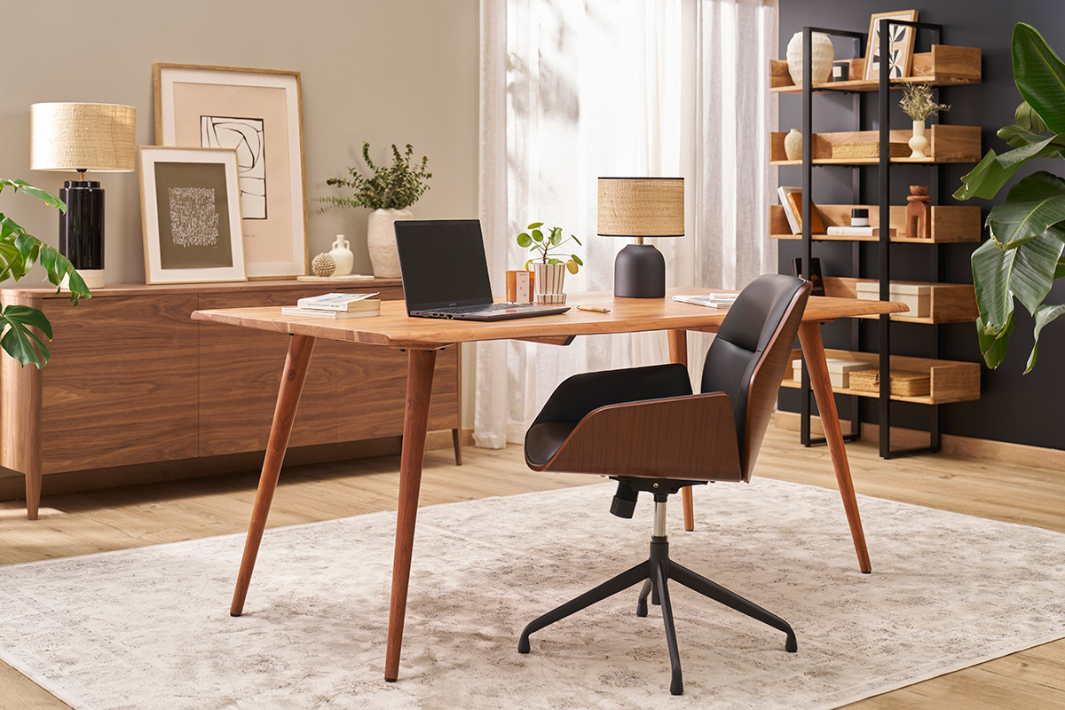 Silla de oficina giratoria de diseo 360 negro, madera oscura y metal negro MARLOW