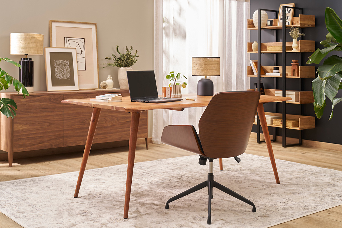 Silla de oficina giratoria de dise�o 360� negra, madera oscura nogal y metal negro CURVED