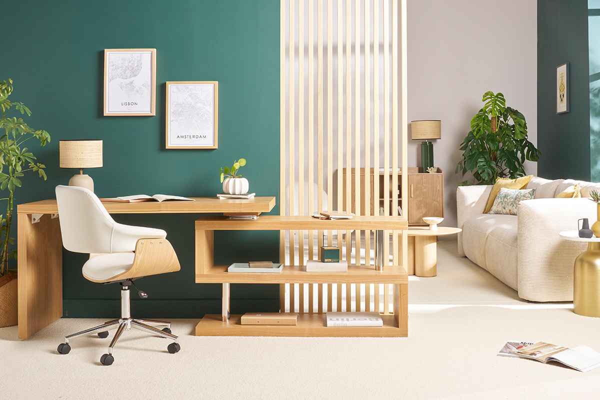 Silla de oficina moderna blanca y madera clara HANSEN