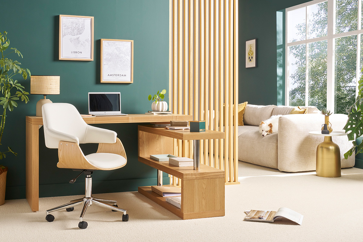 Silla de oficina moderna blanca y madera clara HANSEN