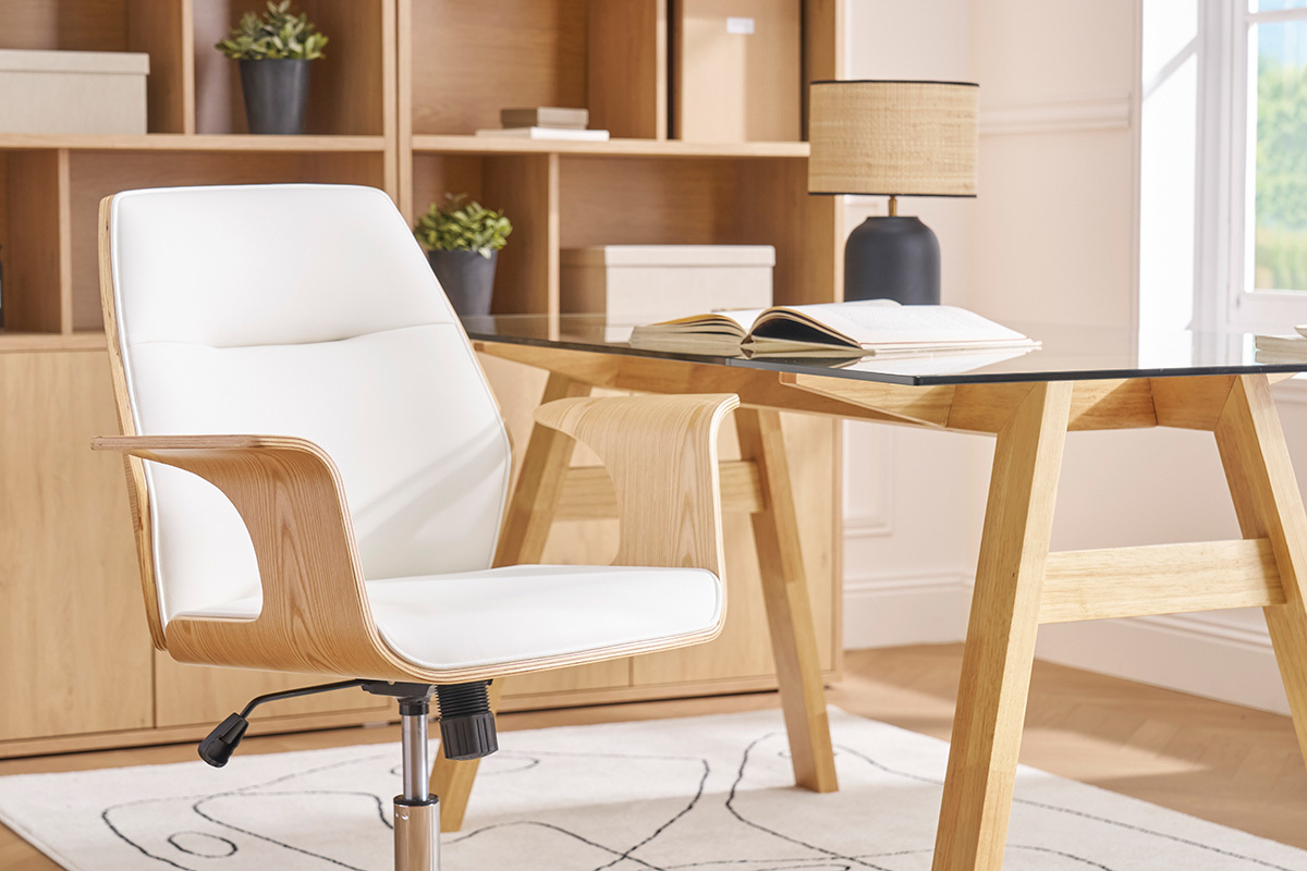 Silla de oficina moderna blanco y madera clara RUFIN
