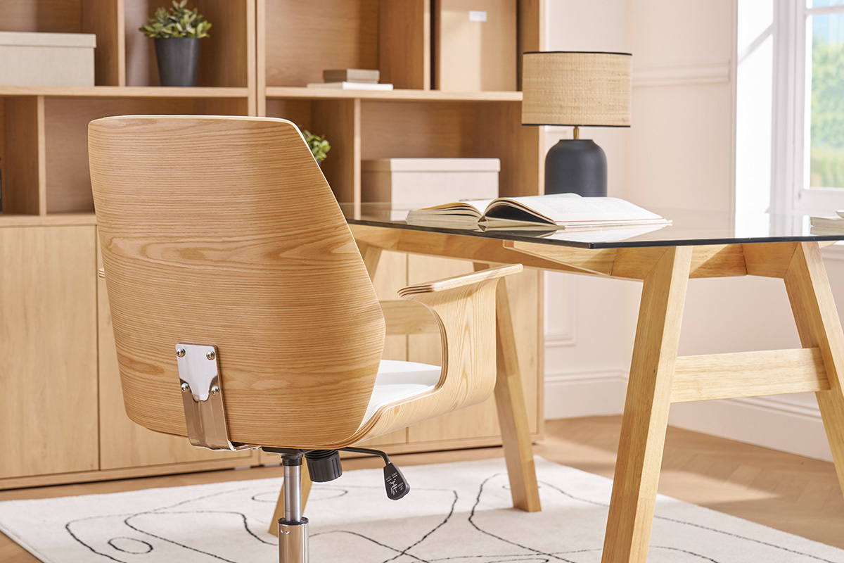 Silla de oficina moderna blanco y madera clara RUFIN