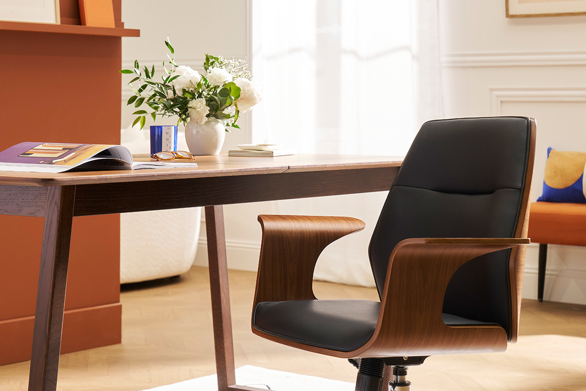 Silla de oficina moderna negra con madera oscura RUFIN